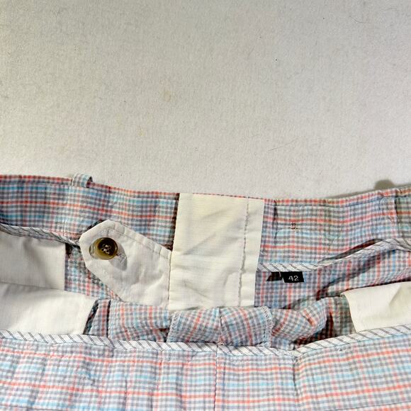Carnoustie Seer Sucker Shorts Men's 42W Blue Pink Check Pockets Button Flap - Picture 4 of 11
